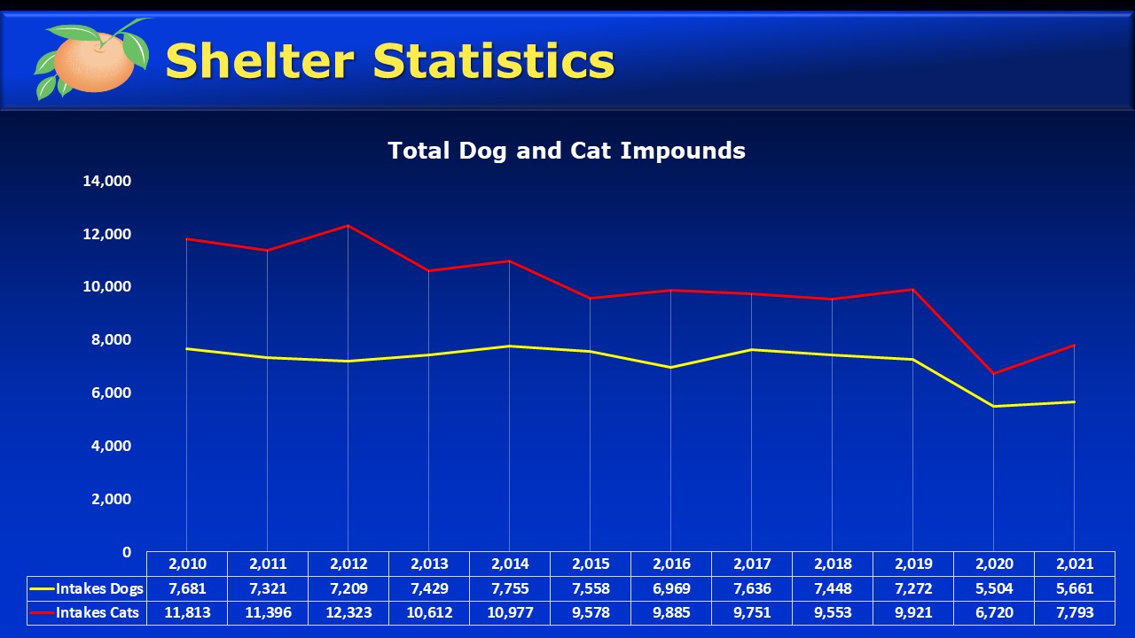 Graph of dog and cat impounds by fiscal year, beginning in 2010